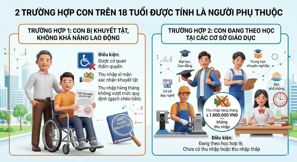 2 trường hợp con trên 18 tuổi được tính là người phụ thuộc