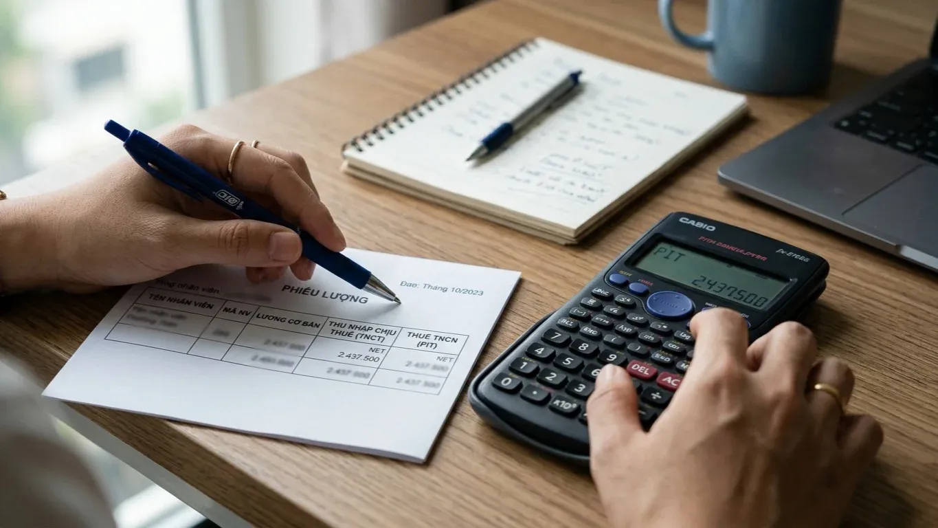 Quy trình 5 bước tính thuế thu nhập cá nhân năm 2026: xác định thu nhập, trừ bảo hiểm, trừ giảm trừ gia cảnh, trừ từ thiện, áp biểu thuế lũy tiến
