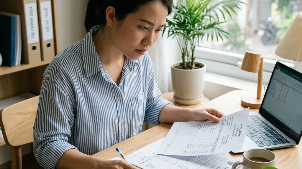 5 lỗi phổ biến khi quyết toán thuế thu nhập cá nhân: bàn làm việc bừa bộn giấy tờ thuế với biểu tượng cảnh báo