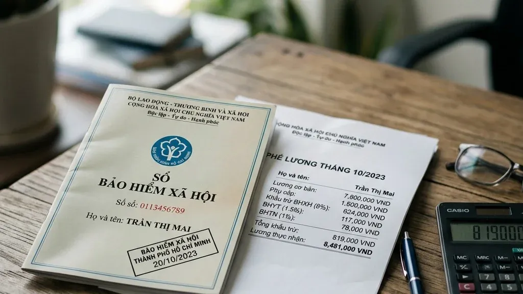 Sổ bảo hiểm xã hội và phiếu lương thể hiện các khoản khấu trừ BHXH, BHYT, BHTN bên máy tính cầm tay