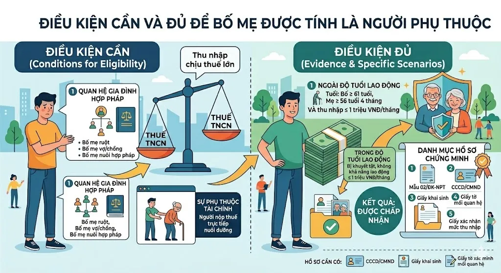 Điều kiện cần và đủ để bố mẹ được tính là người phụ thuộc