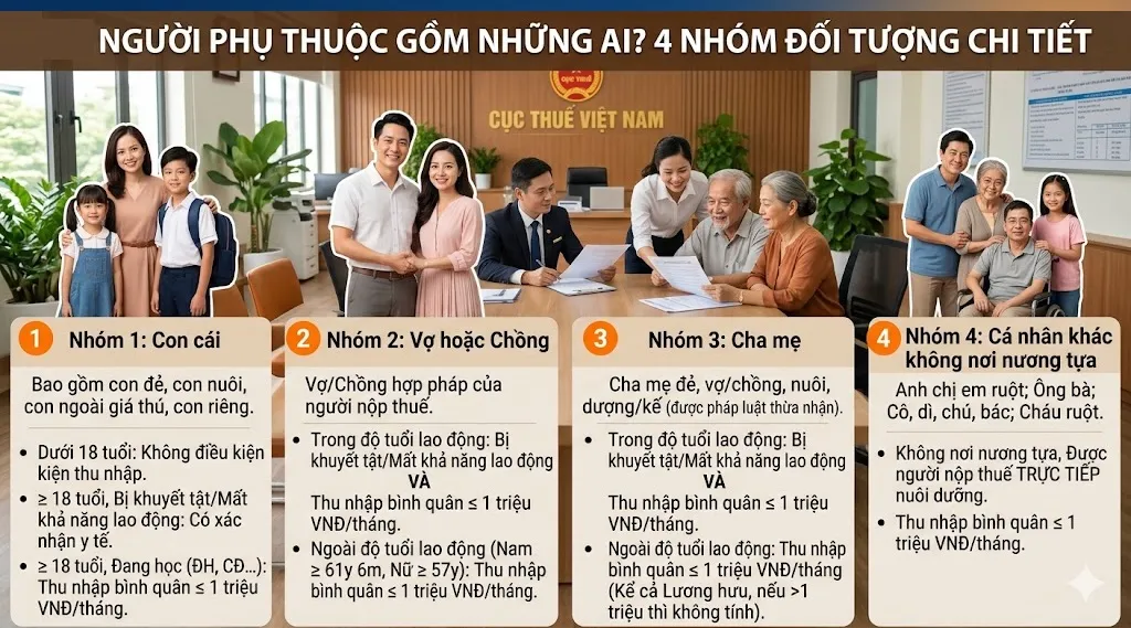 Người phụ thuộc gồm những ai — 4 nhóm đối tượng chi tiết