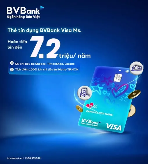 Ưu đãi thẻ tín dụng Thẻ tín dụng BVBank Visa Ms. - Giảm đến 50% tại lĩnh vực, Trả góp 0% lãi suất