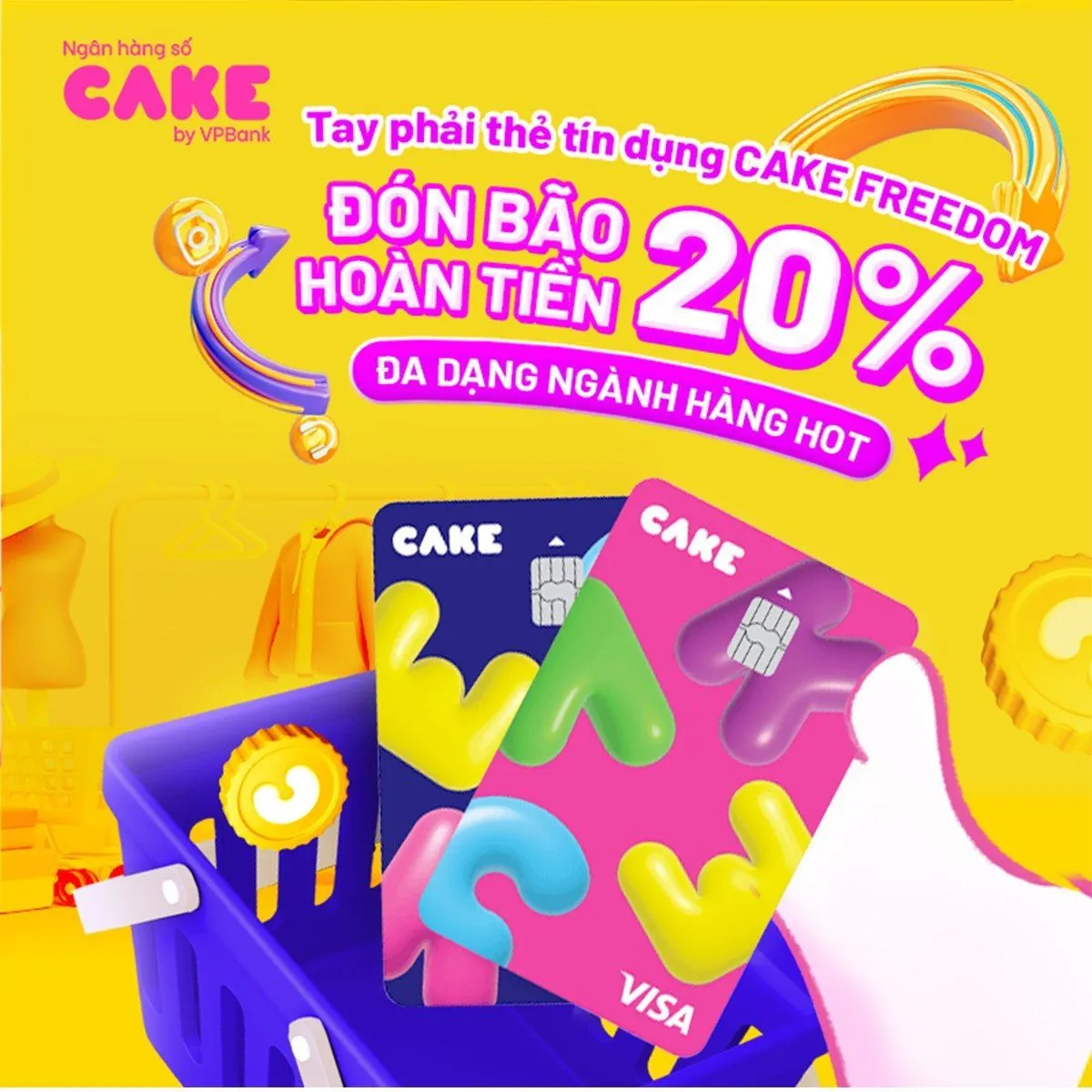Ưu đãi thẻ tín dụng Thẻ tín dụng Cake Freedom 2in1 - Hoàn tiền 20% mọi chi tiêu, Miễn lãi lên đến 45 ngày