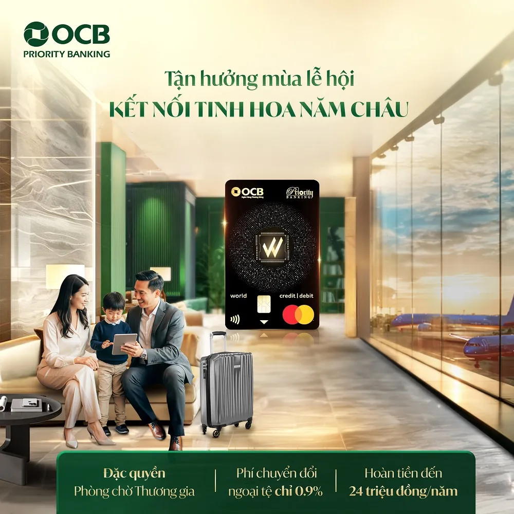 Ưu đãi thẻ tín dụng Thẻ tín dụng OCB MASTERCARD WORLD 2IN1 - Hoàn tiền 10% mọi chi tiêu, Miễn phí phòng chờ sân bay