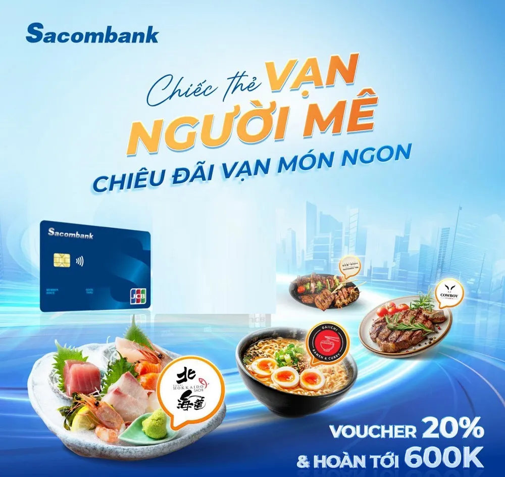 Ưu đãi thẻ tín dụng Thẻ tín dụng Sacombank JCB - Trả góp 0% lãi suất, Miễn lãi lên đến 55 ngày