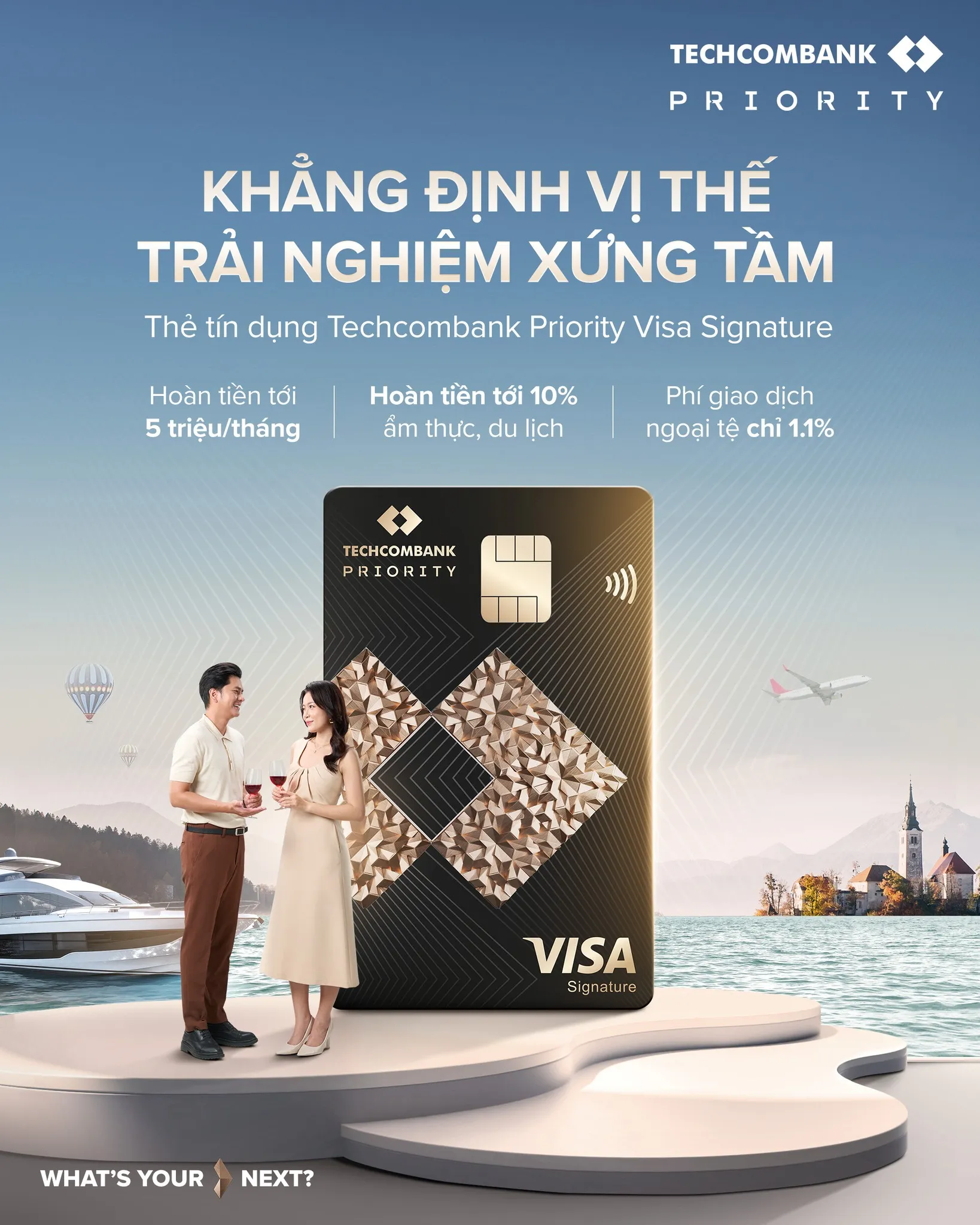Ưu đãi thẻ tín dụng Thẻ tín dụng Techcombank Priority Visa Signature - Hoàn tiền 10% (tối đa 60 triệu/năm), Miễn phí phòng chờ sân bay