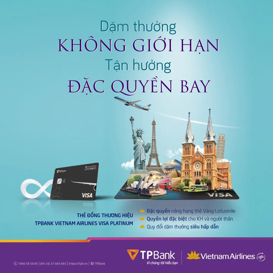 Ưu đãi thẻ tín dụng Thẻ tín dụng quốc tế TPBank Vietnam Airlines Visa Platinum - Bảo hiểm du lịch đến 10,5 tỷ đồng, Tích lũy dặm bay mỗi giao dịch
