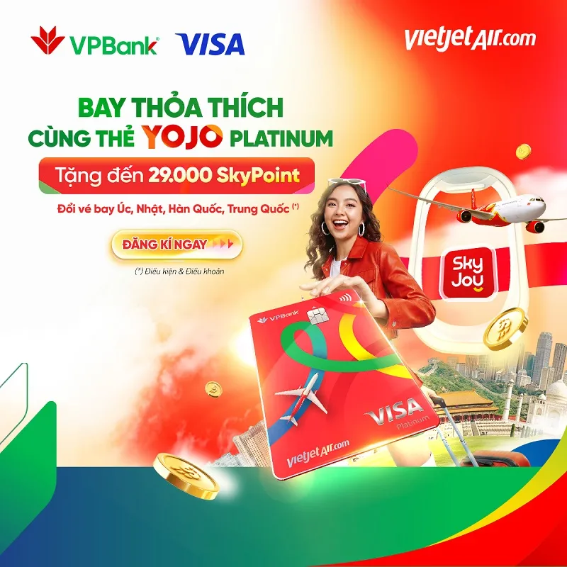 Ưu đãi thẻ tín dụng Thẻ tín dụng VPBANK YOJO VISA PLATINUM - Giảm đến 50% tại đối tác, Miễn lãi lên đến 45 ngày